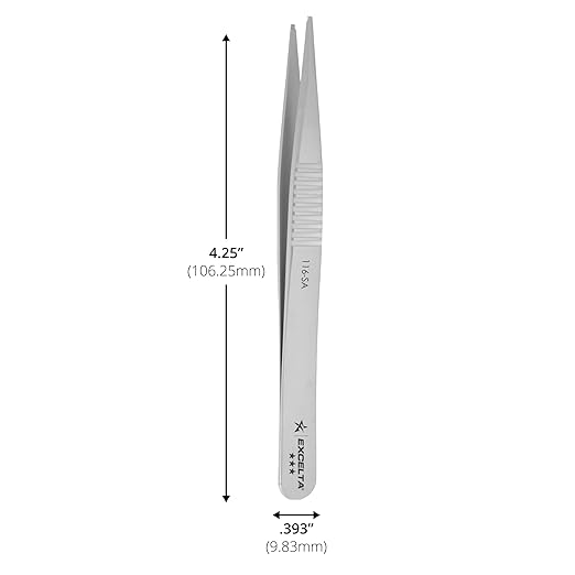Excelta 116-SA Precision SMD Tweezers, 4.25 Inch, Straight Tip with 0.04" Groove, Conductive Anti-Magnetic Neverust Stainless Steel, Serrated Handles for Small Parts Handling, Made in Switzerland