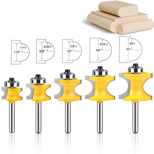 WSOOX 5PCS Bullnose Beading Router Bits with 1/4-Inch Shank Carbide-Tipped Corner Beading Bits Set Radius:1/4",3/8",1/2",5/8",3/4"