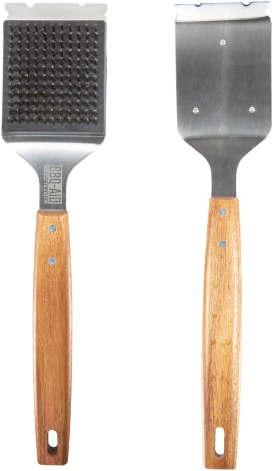 BBQ-Aid Grill Brush and Scraper for Barbecue ??Grill Brush for Outdoor Grill with Extended, Large Wooden Handle and Replaceable Stainless Steel Bristles Head ?밡o Scratch- BBQ Grill Brush for Any Grill