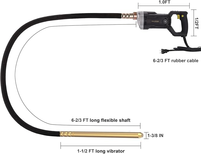 Handheld Concrete Vibrating Tool, 1500W Electric Concrete Vibrator with 6.6ft Shaft Rod, 14400VPM Portable Pencil Cement Vibrarator Remove Air Bubble and Mix Concrete, ROLAYSEE TOOLS