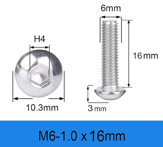 Metuja M6-1.0x16mm Button Head Socket Cap Bolts Screws竊?5pcs竊? Stainless Steel, Full Thread, Silver, Allen Hex Drive