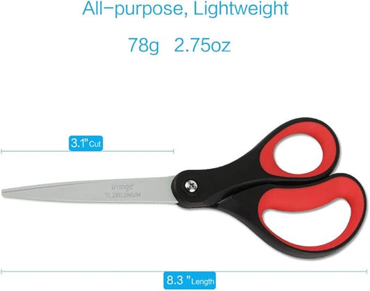 LIVINGO 8“ Scissors All Purpose 3-Pack, Titanium Ultra Sharp for Office Home School Sewing Fabric Craft Supplies, Premium Stainless Steel, Comfort Grip(Red/Black)