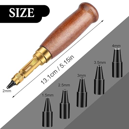 Adjustable Leather Hole Punching Tool Automatic Puncher with Wooden Handle Hollow Hole Punch with 6 Tips Size (1.5mm/2mm/2.5mm/3mm/3.5mm/4mm) for Leather Belt, Bag, Wristband