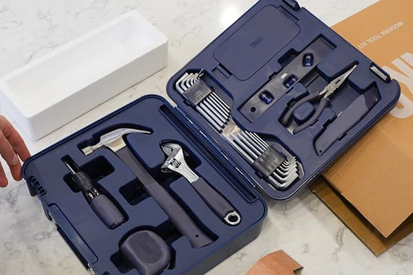 TINKR Modern Tool Box Workstation ??Full Tool Set with Hammer, Ratchet Screwdriver, Allen Keys, Wrench, Knife, Tape Measure, Level, Pliers & Phone Holder