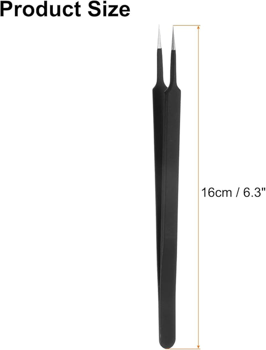 HARFINGTON Stainless Steel Precision Tweezers 6.3 Inch Long Handle Pointed Tip Tweezers Multi Purpose for Craft Industrial Work Laboratory Use, Black