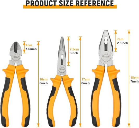 HOTECHE 3 Piece Plier Set - Professional Grade Carbon Steel Pliers for Electricians & Mechanics (6" Diagonal Cutter, 7" Combination, 6" Long Nose) with PVC Grips - Heavy Duty Rust-Resistant