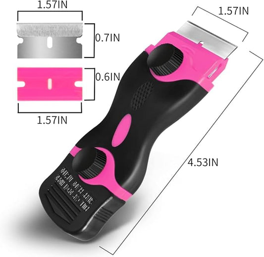 Razor Blade Scraper Tool Kit with 20Pcs Razor Blades, Plastic Paint Scraper, Double Edged Razorblade Scraping Tool for Glass, Windows, Stickers, Tint, Decals, Labels, Cooktop, Oven(Pink)
