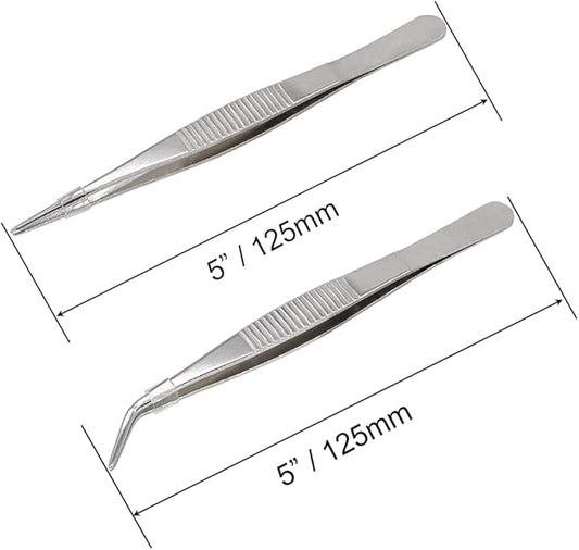 5 Inch Stainless Steel Tweezers with Straight and Curved Serrated Tip Multipurpose Forceps for Craft Repairing 2 Pack