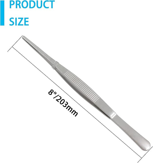 4Pcs 8 Inch Stainless Steel Tweezers, Long Tweezers with Precision Serrated Straight Tips, Non-slip Multitool Tweezer for Cooking, Repairing, Medical, Garden