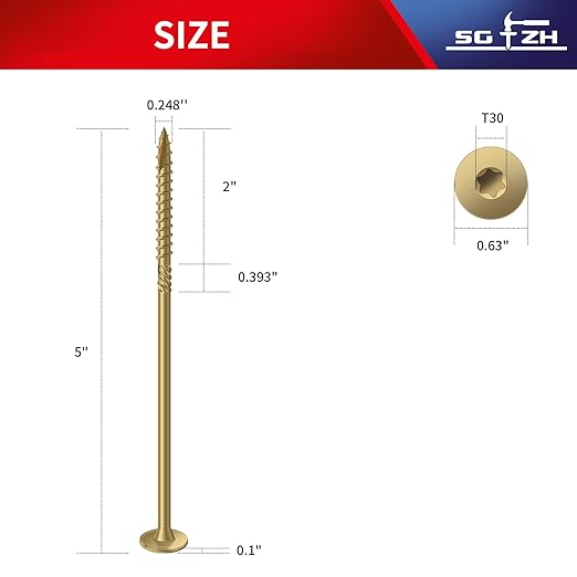 #14 x 5 Inch Outdoor Structural Wood Deck Screws (19Pcs/1lb), Carbon Steel, Tan, Flat Head, Rust Resistant Epoxy Coated, T30 Star Bit