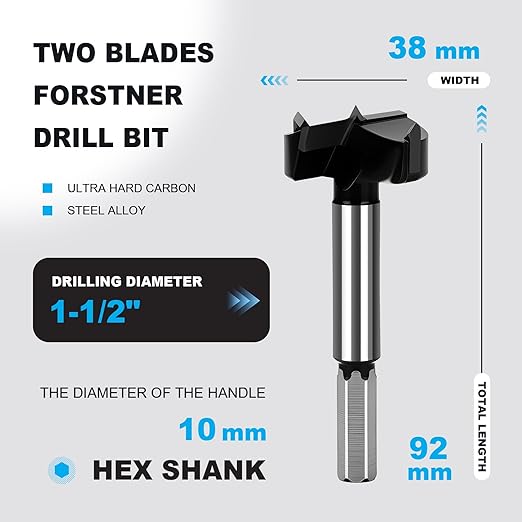 1-1/2 Inch Forstner Drill Bit Carbide Tipped,Woodworking Hinge Cutter for Precise Flat Bottom Holes in Hard Wood,Plywood,Plastic - Professional Grade