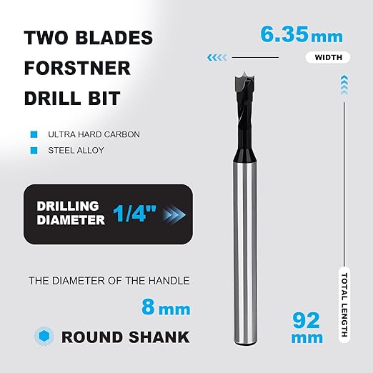 1/4 Inch Forstner Drill Bit Carbide Tipped,Woodworking Hinge Cutter for Precise Flat Bottom Holes in Hard Wood,Plywood,Plastic - Professional Grade