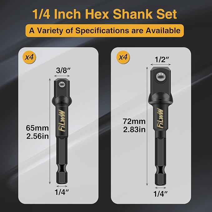 Impact Grade Socket Adapter Set, 4 Pack 3/8 and 4 Pack 1/2 Inch Socket Adapters, Hex Shank, Chrome Vanadium Steel, Impact Ready