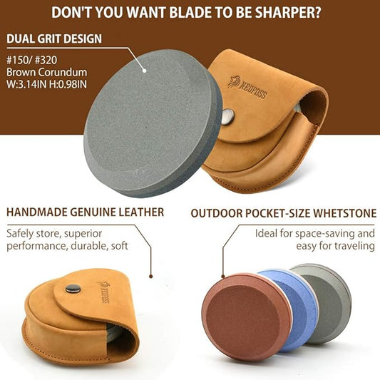 NedFoss Axe Sharpener Tool with Leather Sheath, Sharpening Puck Whetstone Hatchet & Tool Sharpening Stone, Dual Grit Multi-Purpose Sharpener (Brown)