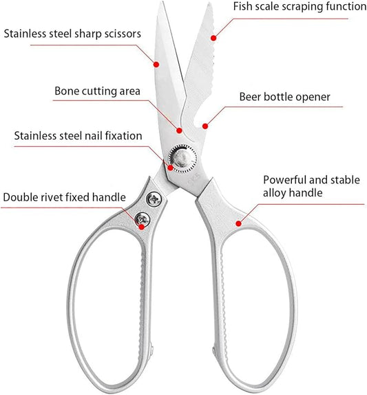 Kitchen Scissors All purpose, Have duty Stainless Steel Cooking Shears for Cutting Meat,Chicken, Poultry, Fish, Herbs, Seafood Scissors with Comfort Grip siver