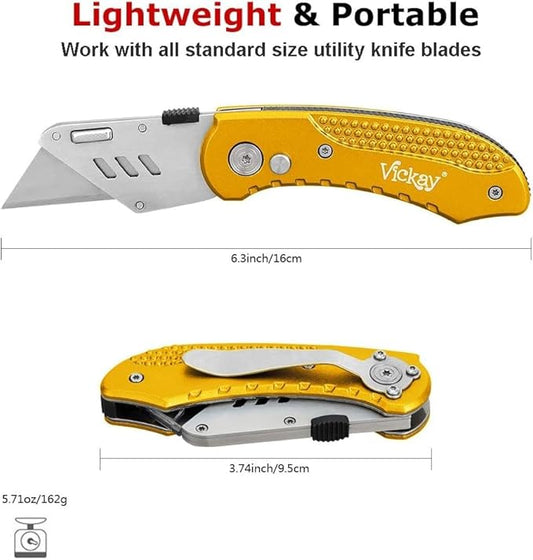 Vickay Folding Utility Knife Box Cutter Utility Blades Heavy Duty with 5 SK5 Quick Change Blades, Safety Axis Lock Design Razor Knife, Lightweight Aluminum Body Belt Clip for Office (yellow)