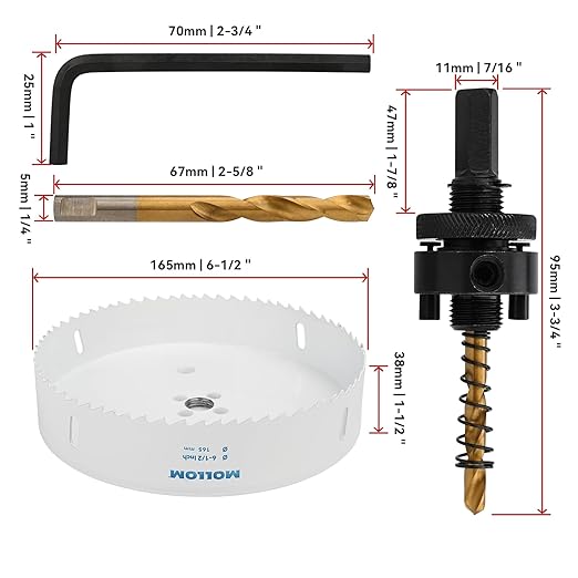 Mollom (165mm | 6-1/2") HSS M42 with 8% Cobalt BI-Metal Hole Saw with 2 Pilot Drill Bits & Arbor Smooth Cutting for PVC,Drywall,Wood,Plastic,Gypsum Board,Rubber