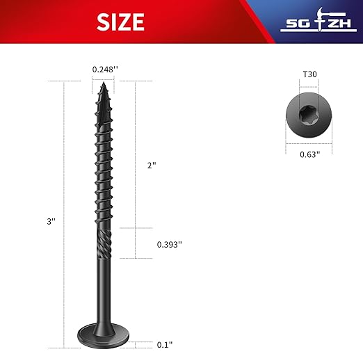 #14 x 3 Inch Outdoor Structural Wood Deck Screws (30Pcs/1lb), Carbon Steel, Black, Flat Head, Rust Resistant Epoxy Coated, T30 Star Bit