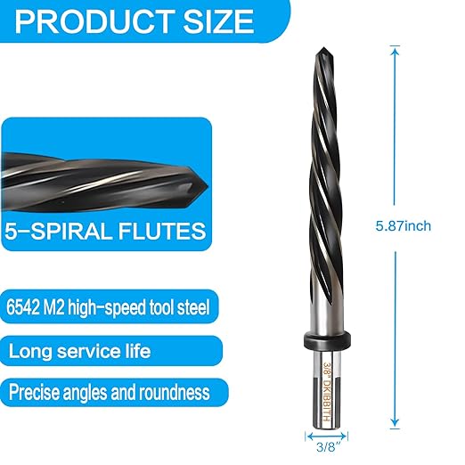 3/8??Bridge Construction Reamer Drill Bit, M2 HSS Taper Chucking Reamer for Steel Alloy Metal Wood Plastic, 3/8" Non-Slip Shank, 5-Spiral Flutes Car Reamer, to Align or Enlarge Holes, 10mm