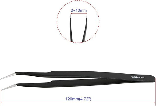 Aoje-Link ESD-15 Professional Anti-Static Precision Technology Tweezers, Non-magnetic Fine Tip Curved, Stainless Steel Plastic Coated, Full Length 120mm, Black, 5pcs
