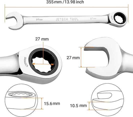 Jetech 27mm Ratcheting Combination Wrench, Industrial Grade Gear Spanner with 12-Point 72-Tooth Ratchet, Forged and Heat-Treated Cr-V Steel, Metric