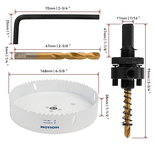 Mollom (168mm | 6-5/8") HSS M42 with 8% Cobalt BI-Metal Hole Saw with 2 Pilot Drill Bits & Arbor Smooth Cutting for PVC,Drywall,Wood,Plastic,Gypsum Board,Rubber
