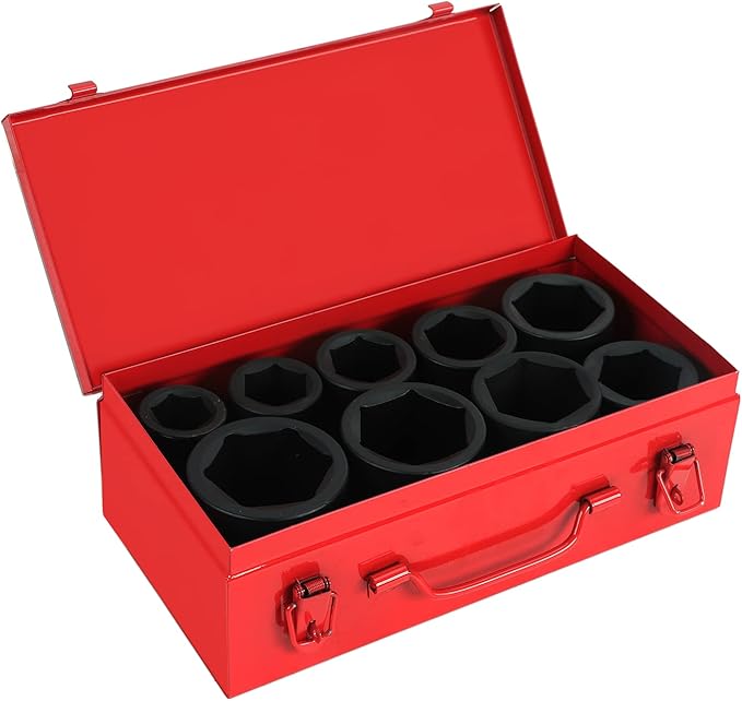 1 Inch Drive Deep Impact Socket Set, Cr-Mo 6-Point (1-Inch - 2-Inch) 9pc Impact Socket Set with Heavy Duty Storage Case