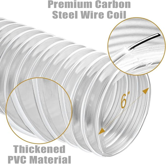 6" x 10' Dust Collection Hose, Puncture Resistant PVC Dust Collection Hose with Carbon Steel Wire Coil - Flexible Clear PVC for Dust Collectors