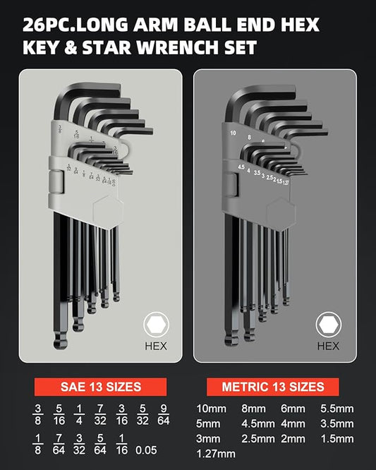 ROTATION 35-Piece Ball Head Hex Key Set, 3-Pack Metric/SAE/Torx Folding Allen Wrench Kit with Foldable Storage Rack, Black Oxide Chrome Vanadium Steel for Vehicle, Home & Appliance Repair