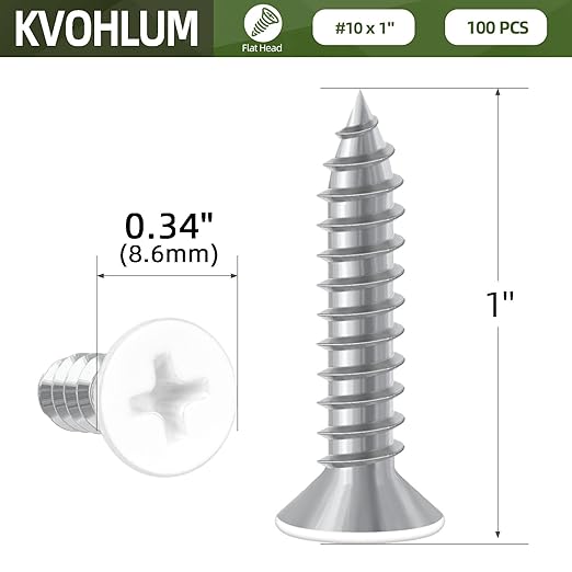 100 PCS #10 x 1 White Head Sheet Metal Screws, Flat Head Phillips Fast Self Tapping Screws, Countersunk Head Wood Screws, Screwdriver Bit Included