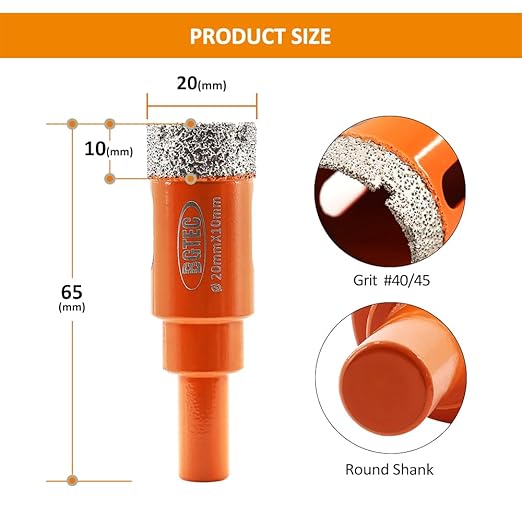 Dry Diamond Drill Bit - BGTEC 1pc 4/5" 20mm Hole Saw for Granite,Marble,Masonry, Concrete, Tile/Ceramic, Glass, Hard Plastic,Vacuum Brazed Diamond Core Drill Bit Kit
