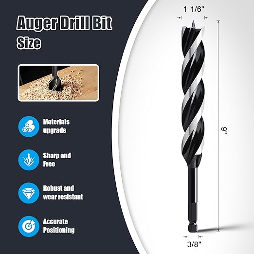 1-1/6" x 9" Auger Drill Bit for Wood, Hex Shank Tri Flute Ship Auger Long Drill Bit for Soft and Hard Wood,Tree Stump,Plastic,Drywall and Composite Materials