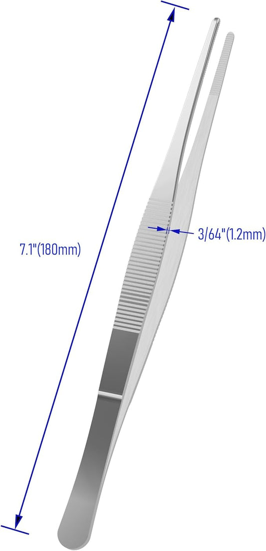 5 PCS 7.1 Inch Stainless Steel Tweezers, with Straight Round Blunt Serrated Tip, 3/64 Inch Thickness Stainless Steel, Multipurpose Daily Garden Home Lab Craft Repairing Tool