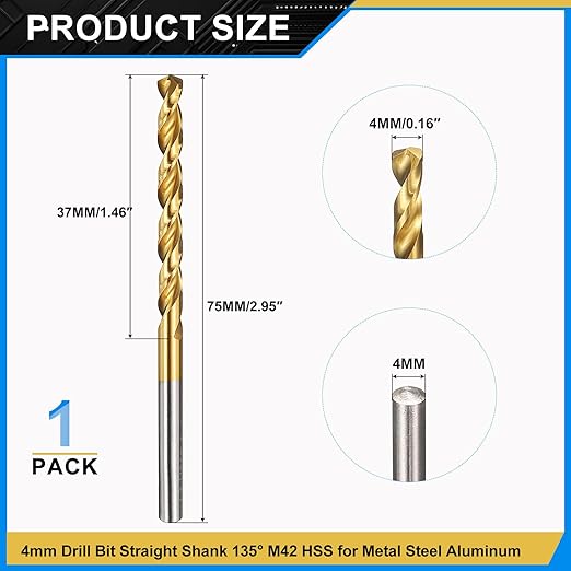 PATIKIL 4mm Drill Bit, M42 8% Cobalt High-Speed Steel Jobber Straight Shank 135° Titanium Nitride (TiN) Coated for Hard Metal Stainless Steel - 1 Pack