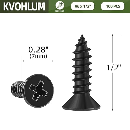 100 PCS #6 x 1/2" Black Sheet Metal Screws, Flat Head Phillips Fast Self Tapping Screws, Countersunk Head Wood Screws, Carbon Steel, Screwdriver Bit Included