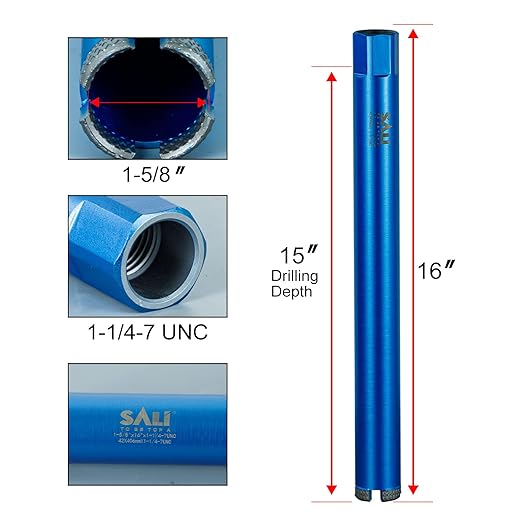 SALI Wet Diamond Core Drill Bits 1-5/8"/43mm Diameter, 15"/380mm Drilling Depth Concrete Core Drill Bit, 1-1/4-7" Thread Core Bit Turbo Laser-Welded Segments with Rebar, Brick, Block, Masonry, Stone