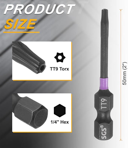 HARFINGTON TT9 Torx Head Impact Screwdriver Bits 1/4" Hex Shank 2" (50mm) Long Magnetic Tamper Proof 6 Point Star Screw Driver Drill Bits Phosphate S2 Steel Power Tools with Hole