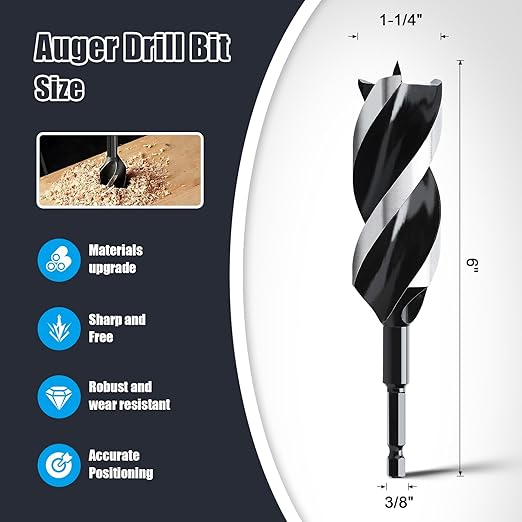 1-1/4" x 6" Auger Drill Bit for Wood, Hex Shank Tri Flute Ship Auger Long Drill Bit for Soft and Hard Wood,Tree Stump,Plastic,Drywall and Composite Materials