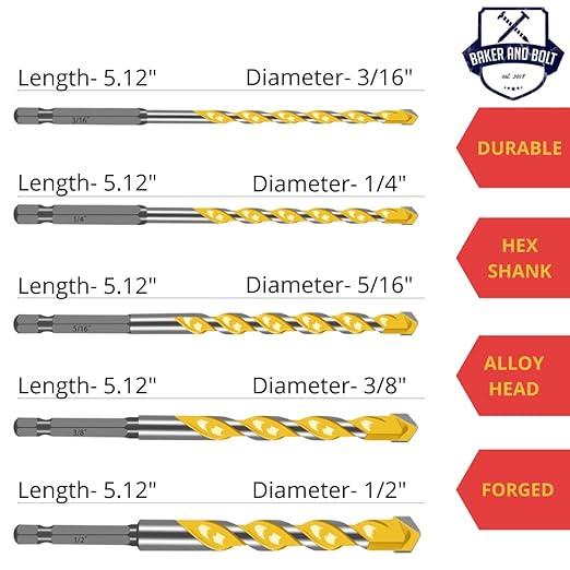 Baker and Bolt Extra 5 Pcs 5.12" Masonry Drill Bit Set for Concrete High-Speed Steel Drill Bits Set with Storage Sleeve (3/16"-1/2")