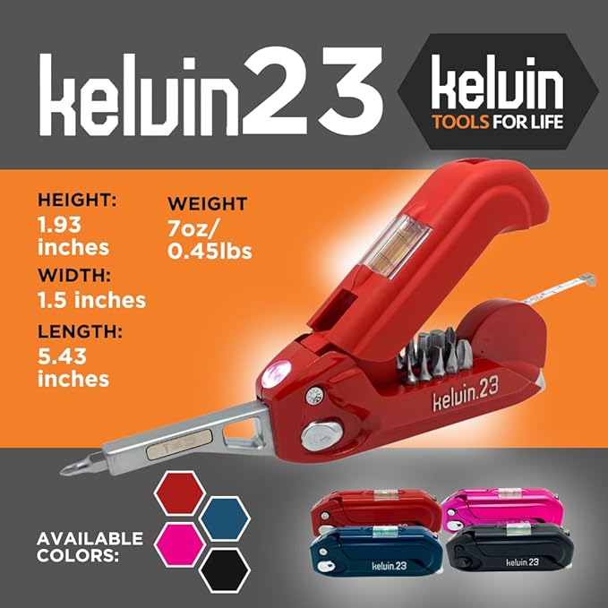 Kelvin Tools Kelvin 23 Urban Multi Tool Screwdriver Set All in One with 16 Bit Set, Tape Measure, Liquid Level, Hammer, Flashlight Multibit Pocket Screwdriver, Universal Precision Screwdriver - Red