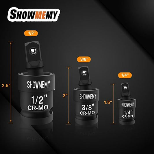 Swivel Socket Set, 3 PCS Impact Swivel Socket Set, Wobble Socket, Impact Grade Universal Joint, Cr-Mo Steel, 1/4-Inch, 3/8-Inch, 1/2-Inch Drive