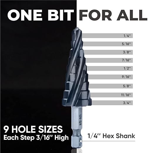 toolant Four Spiral Flute Cobalt Step Drill Bit(Pro), 1/4"-3/4" Impact Ready Unibit Step Drill Bit, 1/4" Hex Shank Step Bits for Metal, Stainless Steel, Aluminum, Plastic