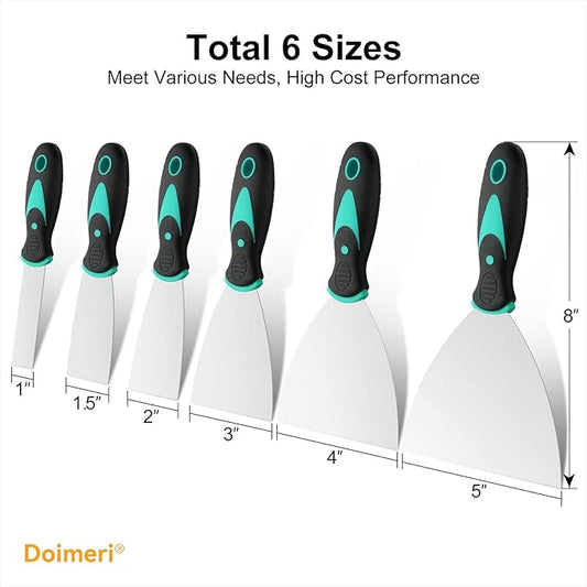 6 Pack Putty Knife, 1??1.5??2??3??4??5??Spackle Knives, Premium Stainless Steel Paint Scraper, Perfect Tools for Repairing Drywall, Removing Wallpaper, Applying Mud or Plaster