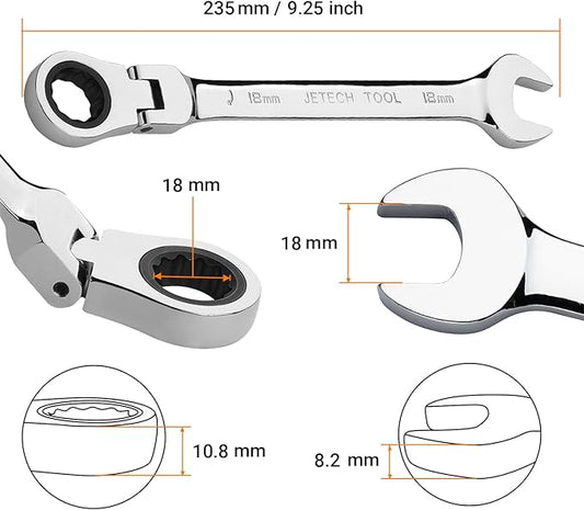 Jetech 18mm Ratchet Wrench Flex Head: Box End Wrench 12Pt| Metric Ratcheting Combination Chrome Vanadium,Forged, Extra Durability