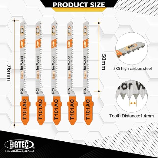 5PCS T Shank Jigsaw Blades Set - BGTEC HCS(SK5) Jig Saw Blades for Wood, Plastic Cutting(T101AO)