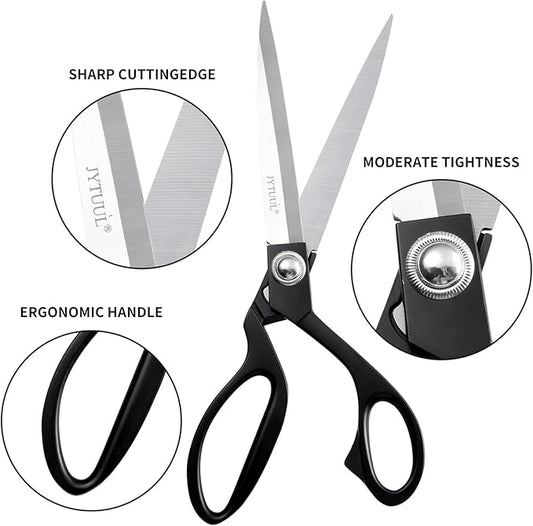 Black 10.5" Sharp Tailor Scissors - Heavy Duty Fabric, Leather & Clothing Scissors - Professional Stainless Steel Sewing Shears
