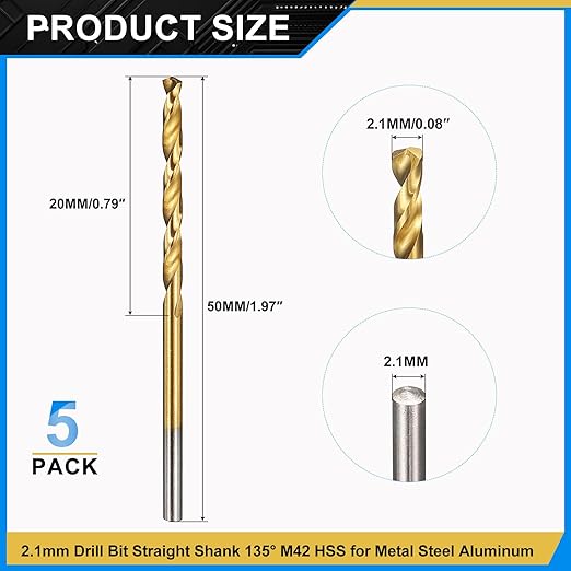 PATIKIL 2.1mm Drill Bit, M42 8% Cobalt High-Speed Steel Jobber Straight Shank 135° Titanium Nitride (TiN) Coated for Hard Metal Stainless Steel - 5 Pack