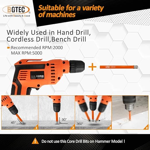 Dry Diamond Drill Bit Set,BGTEC 5pcs 12mm Hole Saw for Granite,Marble,Masonry, Concrete, Tile/Ceramic, Glass, Hard Plastic,Vacuum Brazed Diamond Core Drill Bit Kit