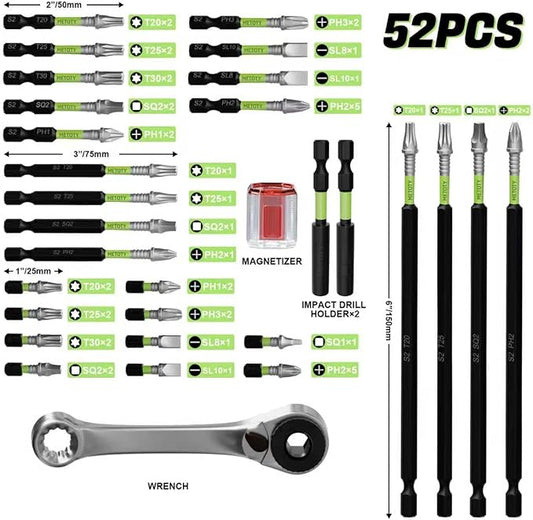 52PCS impact screwdriver bit set-resistant magnetic mixed, includes various sizes and lengths, along with a magnetizer, extension rod, and wrench, to meet your work needs.