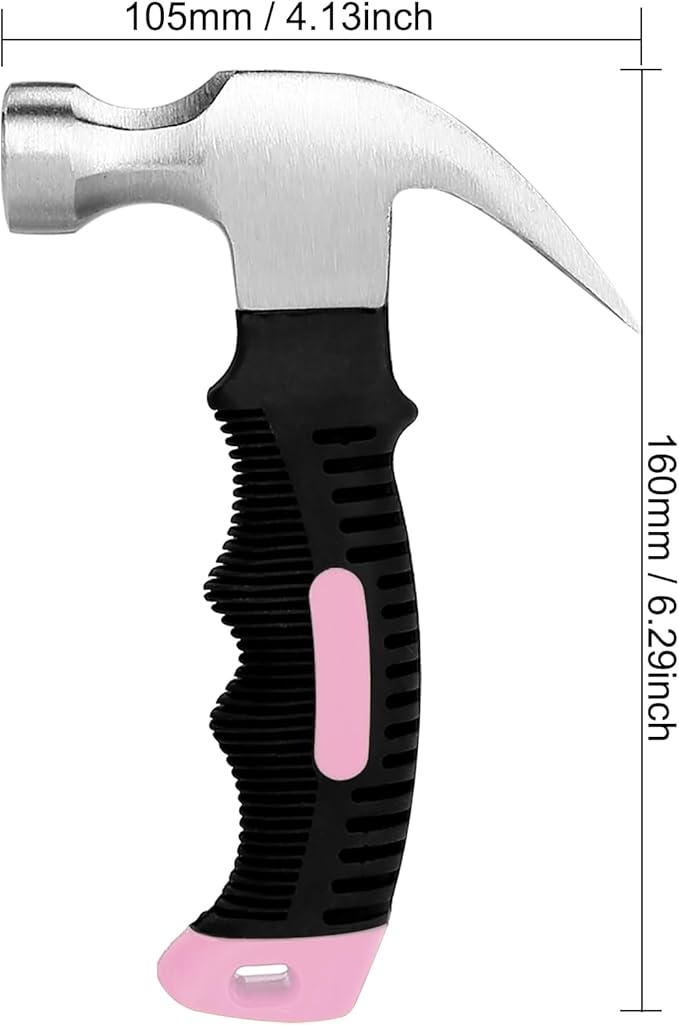 KURUI Pink Small Hammer for Picture Hanging Nails Drywall Anchors, Picture Hanging Tool, High Hardness 8oz Claw Hammer With Shock-Absorbing Non-Slip Handle for Kids and Women